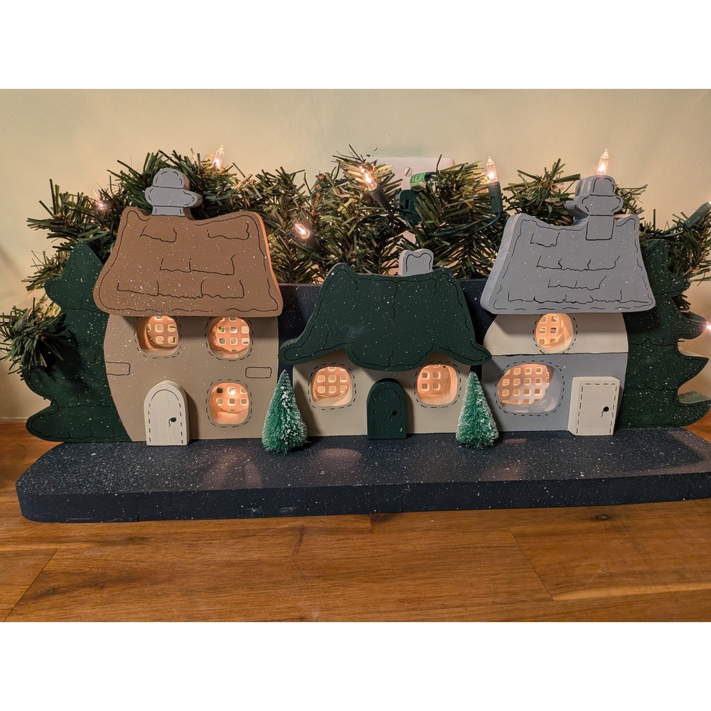 Hand Painted Wooden Lighted Christmas Village Tabletop Decor Winter Scene 19in